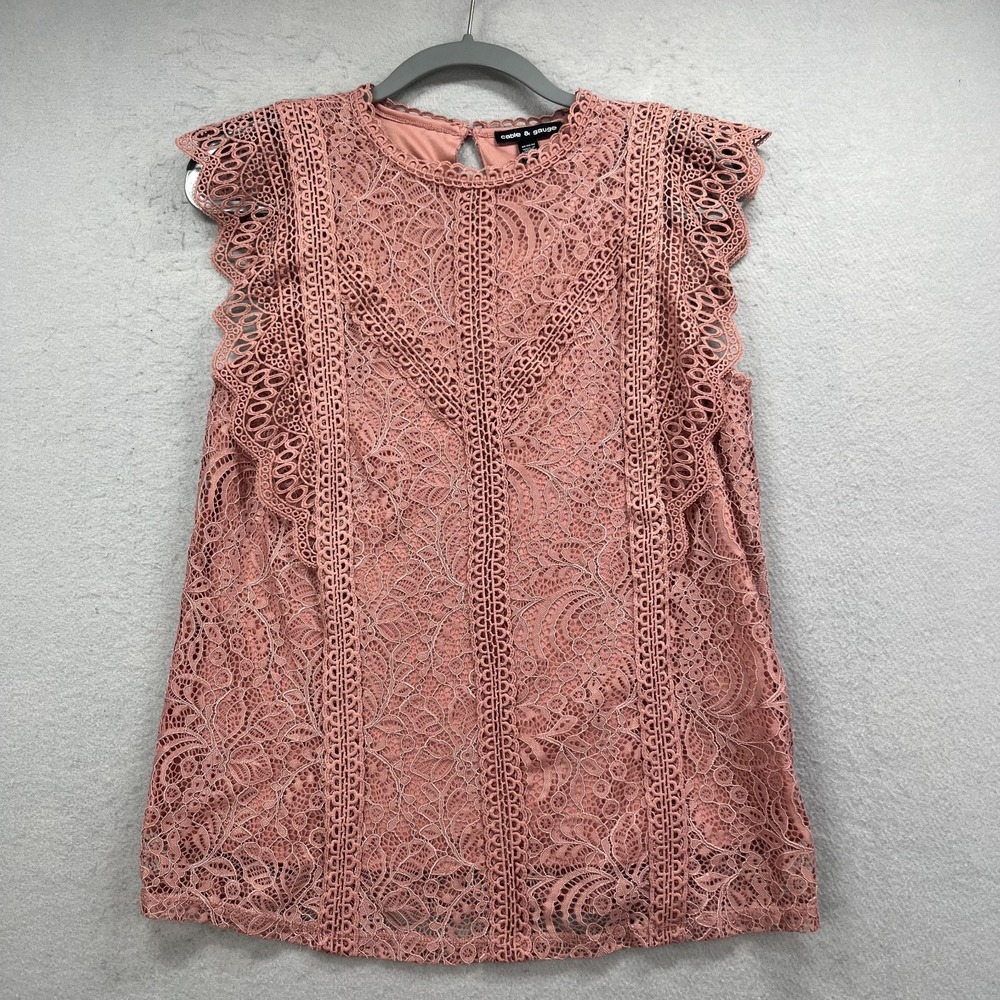 Cable & Gauge Blouse Womens Medium M Dusty Pink Lace Eyelet Flutter Sleeve Top